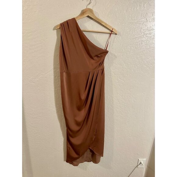 Showpo Bronze Silky One Shoulder Draped Mini Dress - Picture 2 of 12